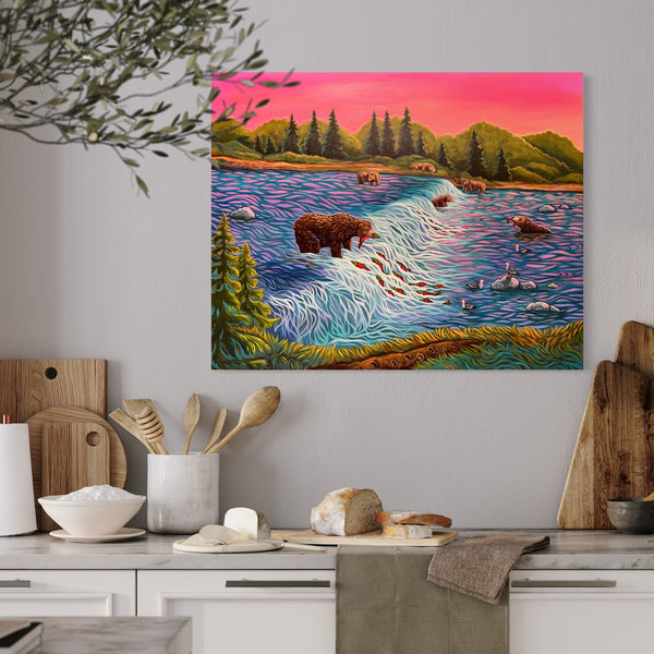 Blue Bear Art Print with Fungi and Chickadee Print with blue berries