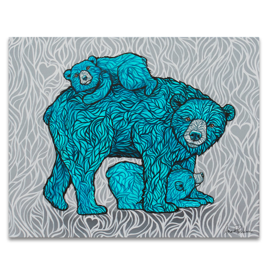 Teal bears on a gray patterned background