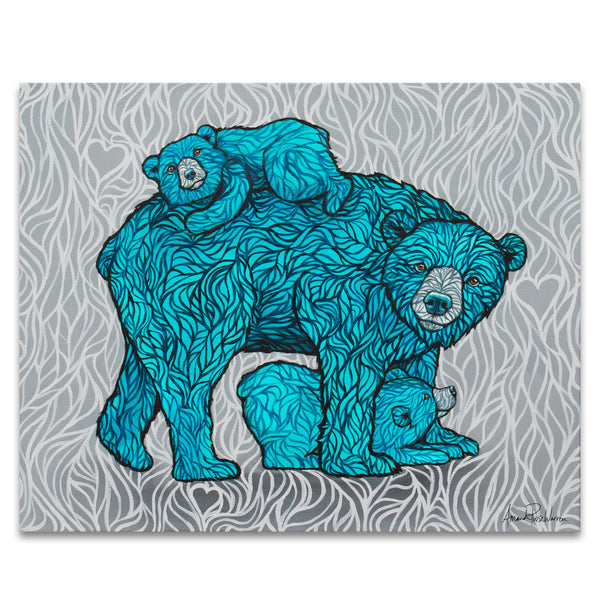 Teal bears on a gray patterned background