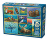 Cobble Hill puzzle blue box with illustrations of animals on a blue background. Animals include otter family, moose, whales and more