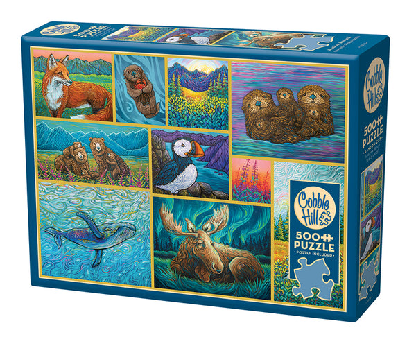 Cobble Hill puzzle blue box with illustrations of animals on a blue background. Animals include otter family, moose, whales and more