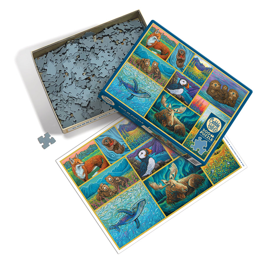 Jigsaw puzzle laid out showing poster and pieces with animal illustrations laid out on a white background