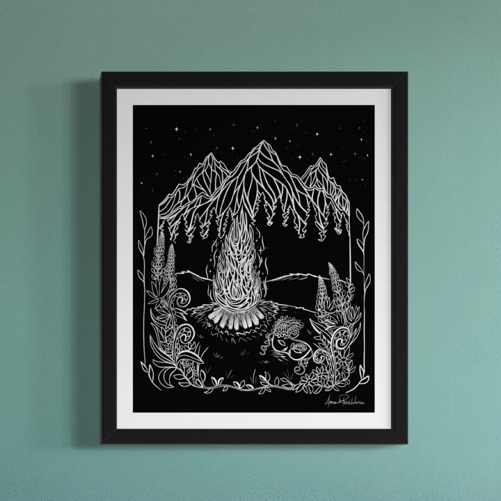Black and white summer art print in a black frame and matting . Hanging on a teal wall.