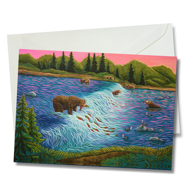 Bears fishing at a river with sunset and other bears around