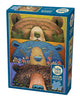 Cobble Hill puzzle blue box with three bear illustrations, each having a touch of nature to them from mushrooms to blueberries on a white background