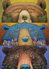 Three bear faces with different color schemes (green, blue and brown bears) each also having natural elements.
