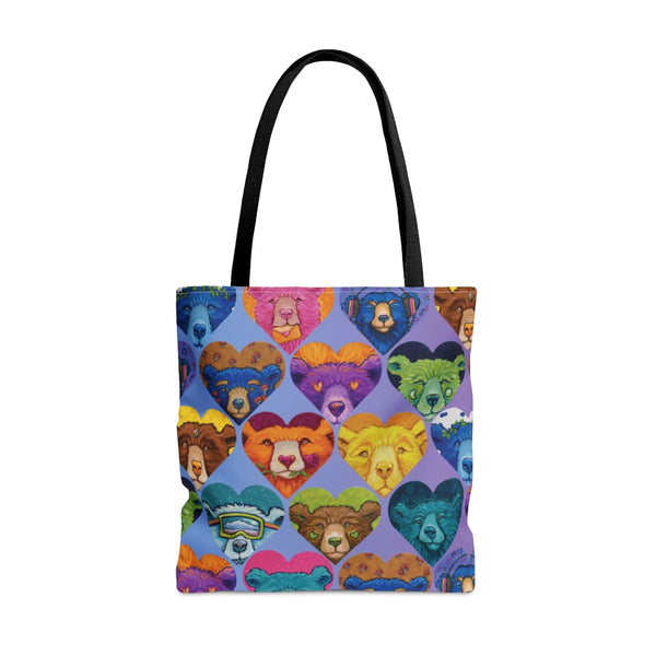 Bear Hearts in a pattern across a tote bag with black handles. Bears are each different, with flowers, goggles, headphones and different colors
