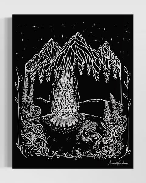 Night scene of fire pit and mountains, lupine and fiddle head fern