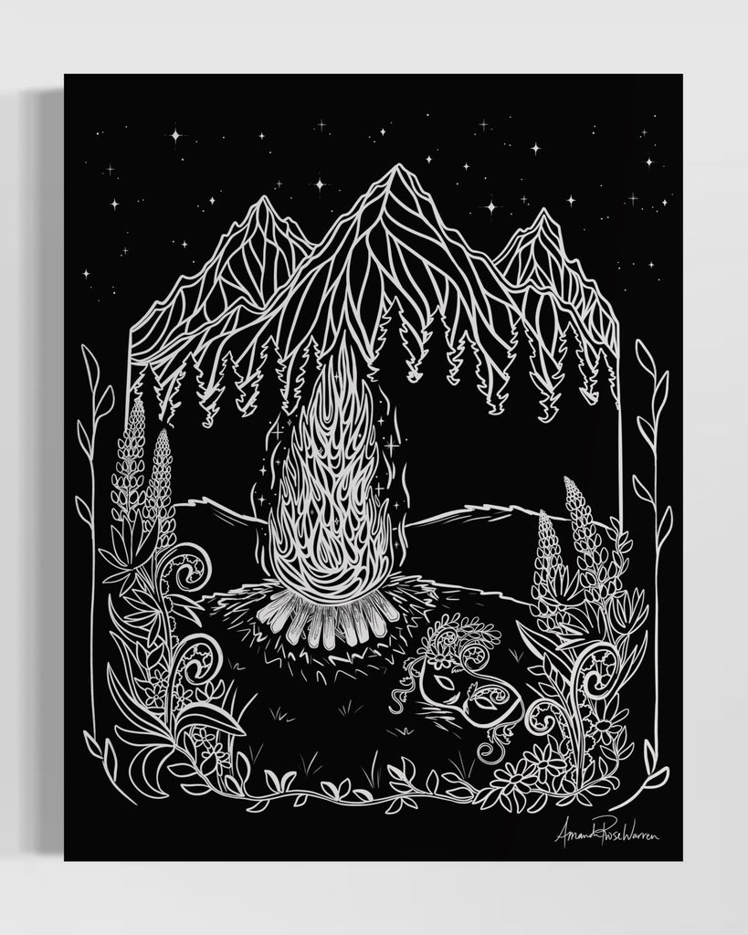 Night scene of fire pit and mountains, lupine and fiddle head fern