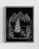 Art print in black and white with gray frame on a white wall