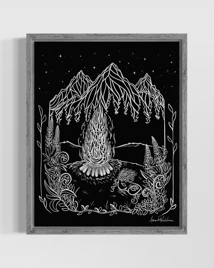 Art print in black and white with gray frame on a white wall