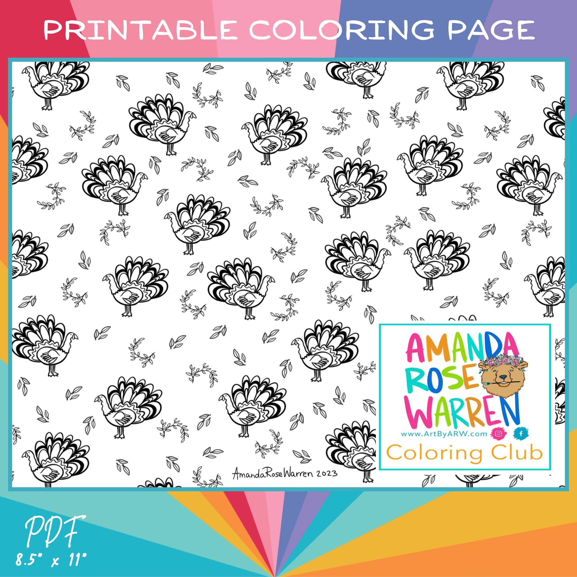 Turkey, Thanksgiving Coloring Page Amanda Rose Warren LLC