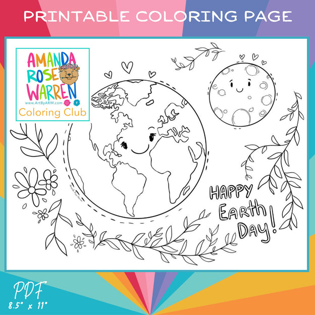 Happy Earth Day with Moon Coloring Page Amanda Rose Warren LLC