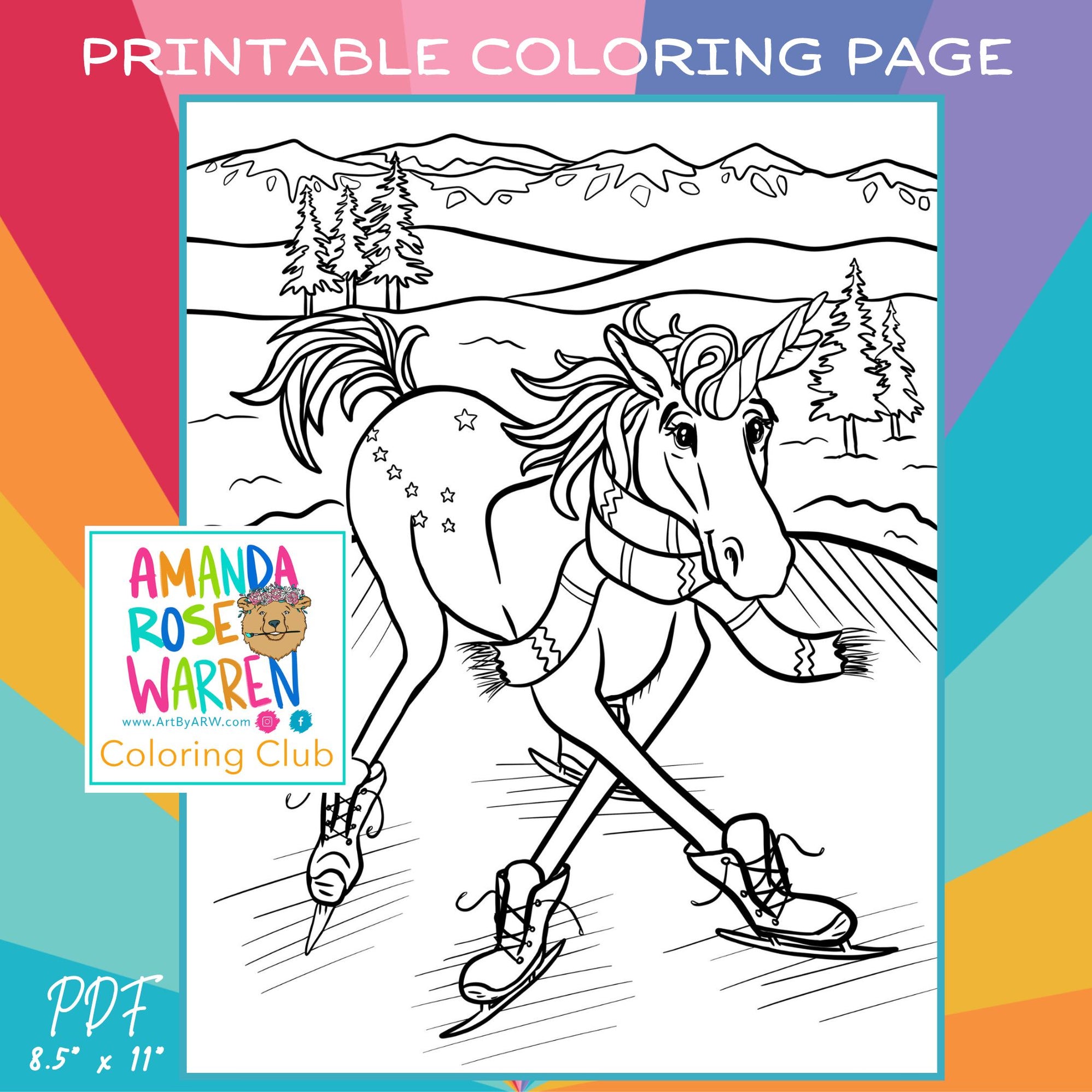 Unicorn Ice Skating 2023 Coloring Page Amanda Rose Warren LLC