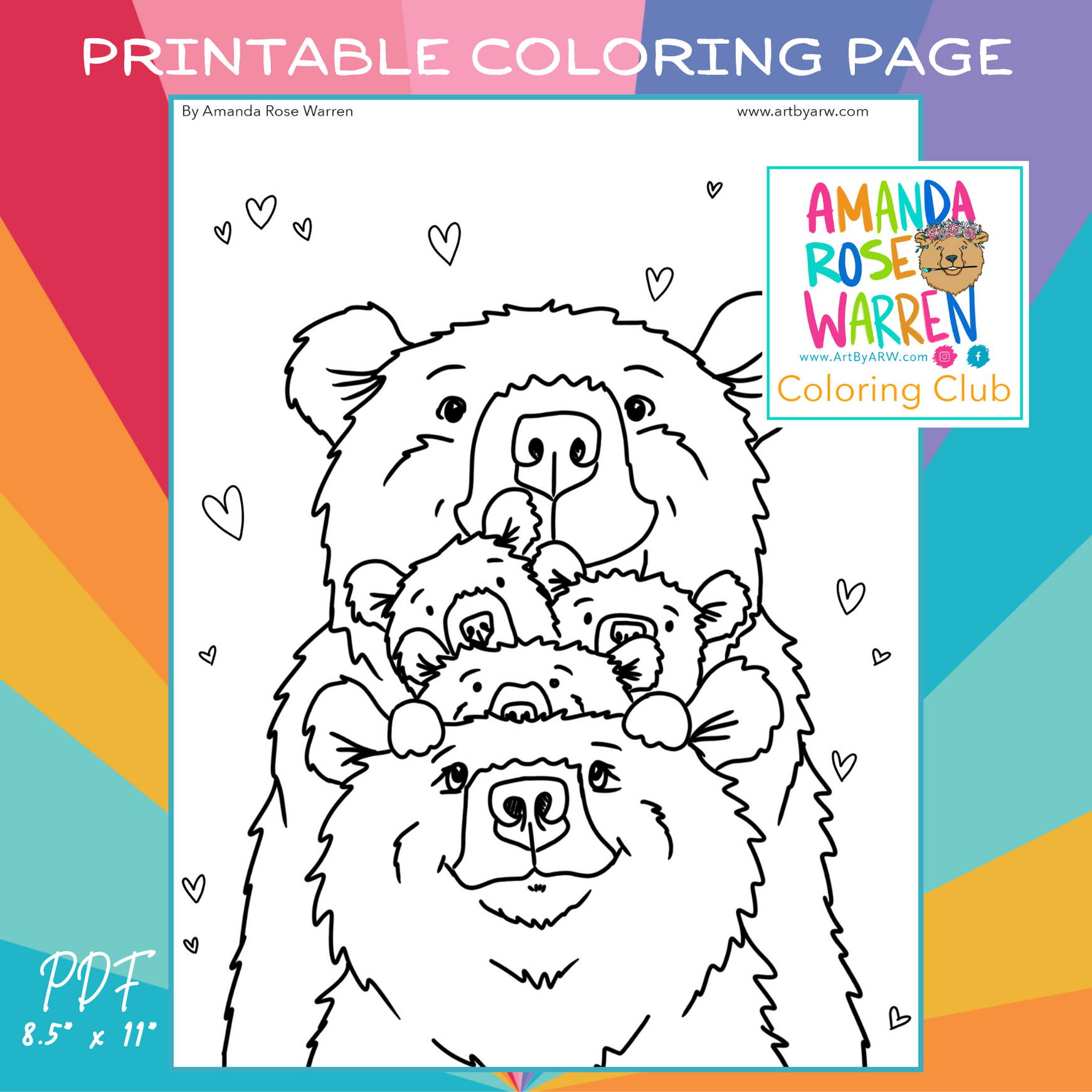 Loving Bear Family of 5 Coloring Page– Amanda Rose Warren LLC