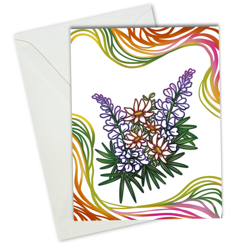 Drawn Neon flowers on a white rectangle card with an envelope