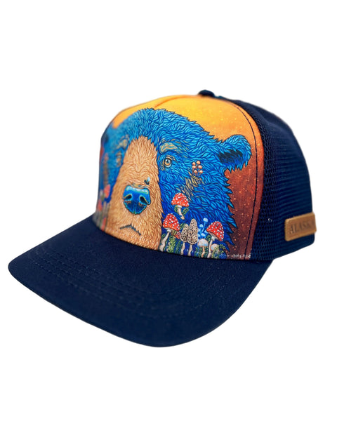 Navy Trucker hat with blue bear design featuring mushrooms, ferns and honey bees, adjustable meshback 