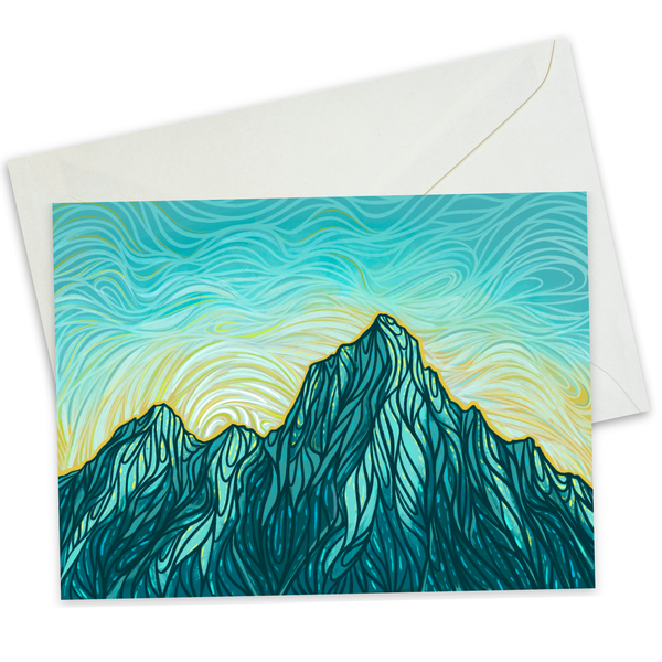 Sunrise in a line texture over mountains on a rectangle card with a white envelope