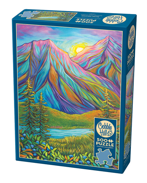 Cobble Hill puzzle blue box with colorful mountain design 