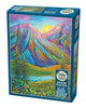 Cobble Hill puzzle blue box with colorful mountain design 