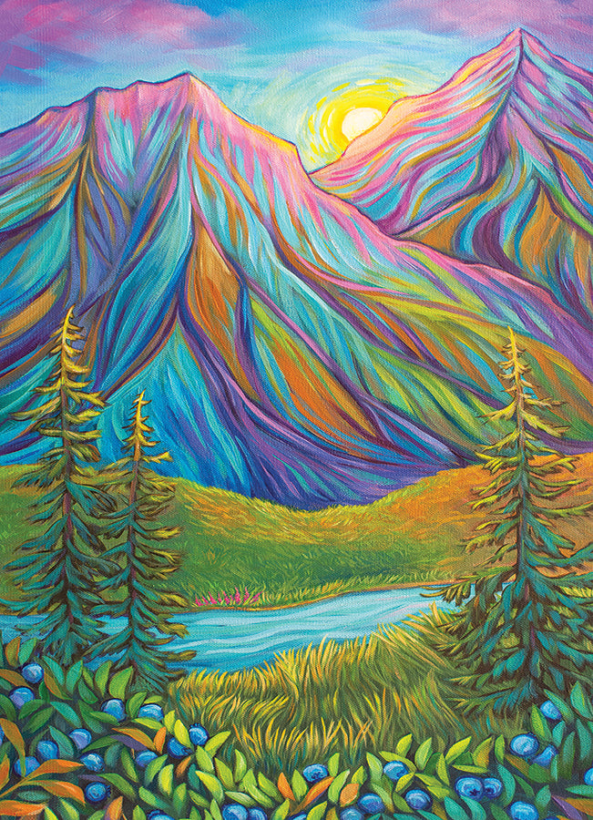 Colorful mountain landscape with trees and a lake or river