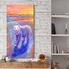 Colorful bear painting on a wall next to a stone fireplace with decorative items.