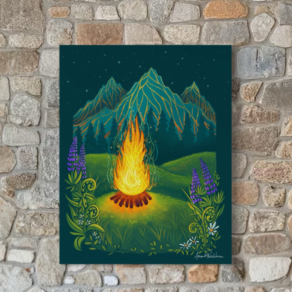 Artwork on a rock wall depicting Firepit at night with a twinkling starred sky and cascading mountains. Foliage along the side including ferns and lupine flowers