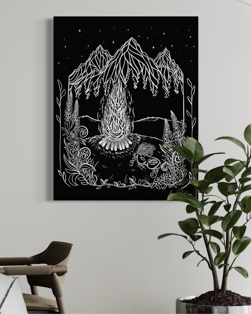 B&W Spring Equinox Print hanging on wall in kitchen next to a plant and highchair