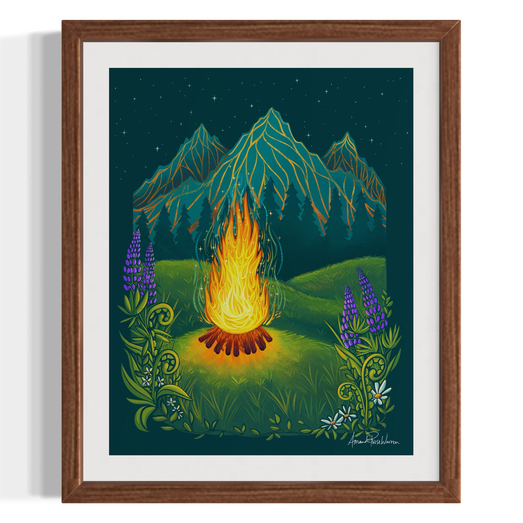 Artwork with white matting in a brown frame
