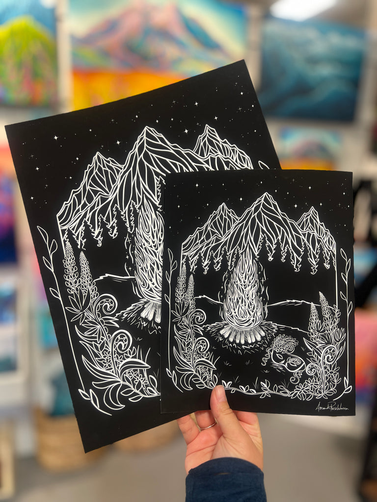 Multiple sizes of the black and white design being held up together