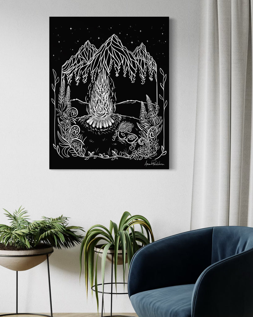 Plants and sofa, with an art print hanging on the wall