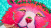 Paper Print being held at an angle with bear dressed with a strawberry crown and a nose that looks like a strawberry