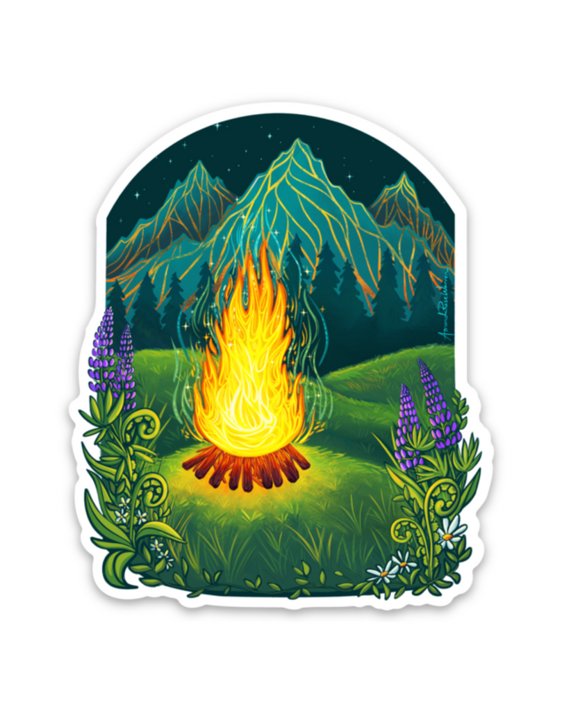 Campfire in front of mountain cut out sticker in a sticker on a white background