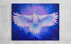 White raven with pink, blue and purple background, wings open