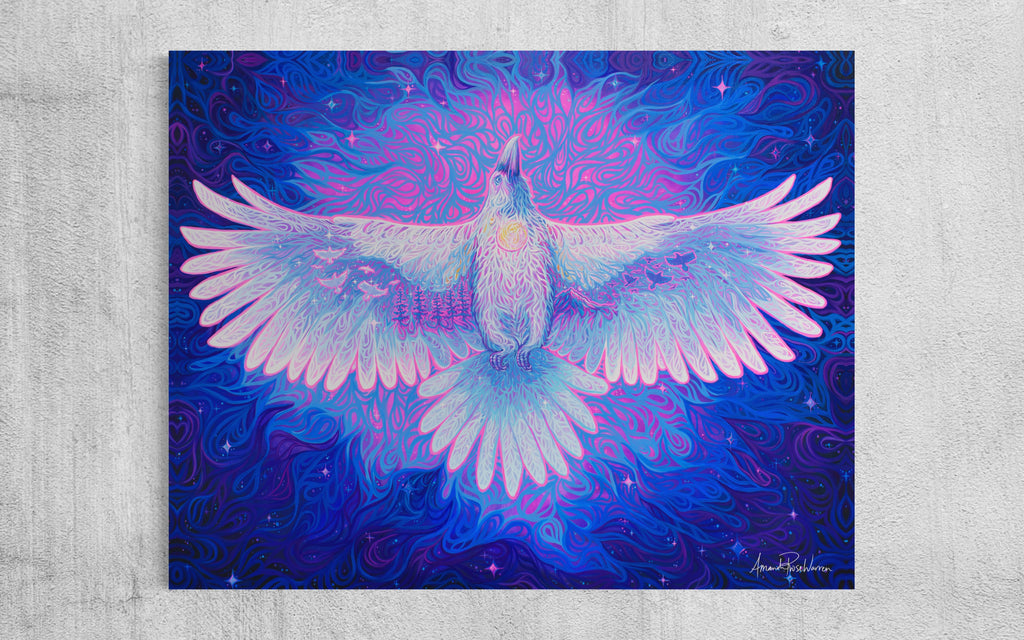 White raven with pink, blue and purple background, wings open