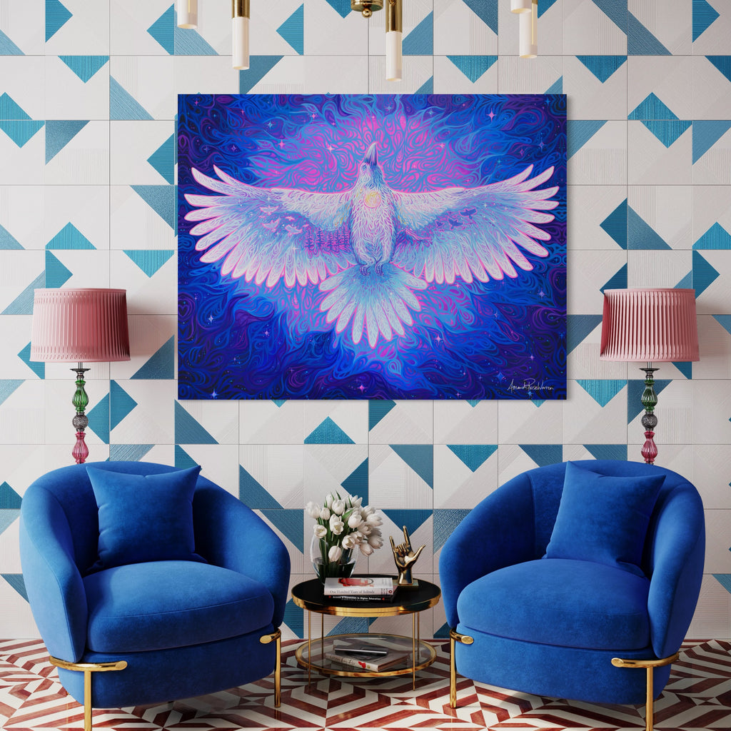 Geometrical blue and white wall in living room with blue chairs and pink lamps. Large White Raven Artwork hanging on wall