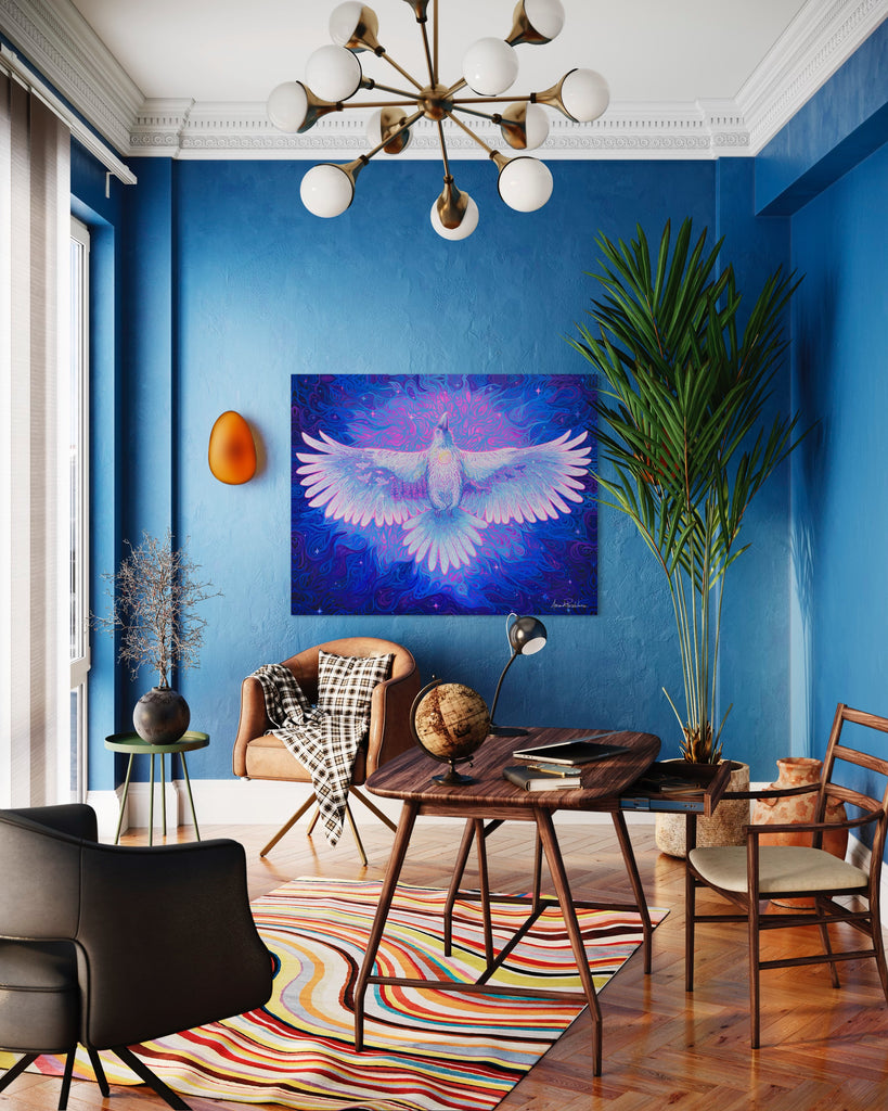 Blue walls in a work space with colorful rug, Large white raven hanging on main wall