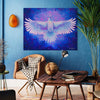 Close up of White Raven hanging in Blue Workspace