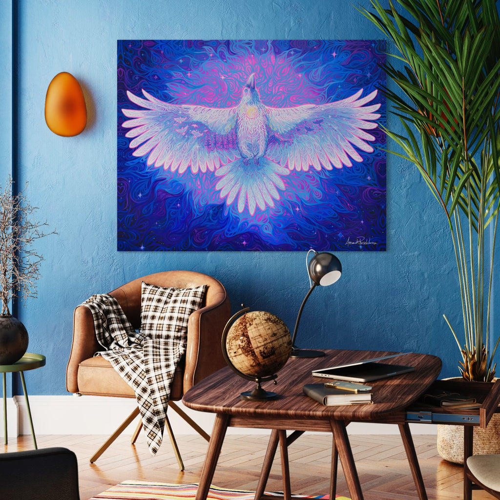Close up of White Raven hanging in Blue Workspace
