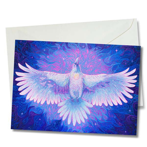 White raven flying in mystical blues and purples swirls 