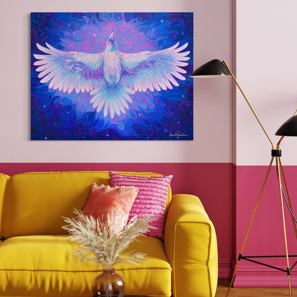 White raven art print in cute spring colored living room.