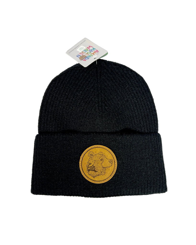 AK Bear On My Mind ribbed black beanie featuring Alaska bear design, cozy knit hat with bold wildlife artwork