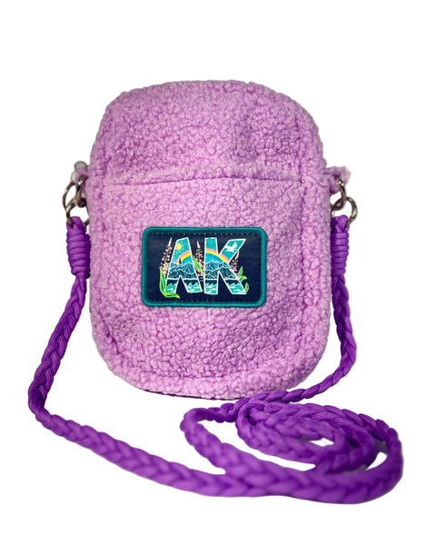AK Vibin light purple Sherpa crossbody bag featuring Alaska-inspired design, soft cozy texture with playful modern outdoor aesthetic