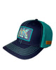 AK Vibin navy trucker hat featuring Alaska-inspired design, adjustable mesh cap with clean outdoor lifestyle style