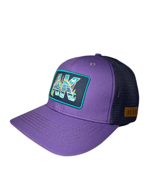 AK Vibin purple trucker hat featuring Alaska-inspired design, adjustable mesh cap with bold modern outdoor style