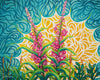 Colorful painting of fireweed flowers with a blue and yellow abstract background