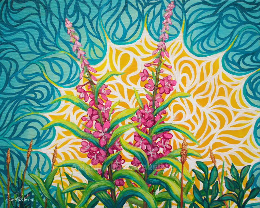 Colorful painting of fireweed flowers with a blue and yellow abstract background