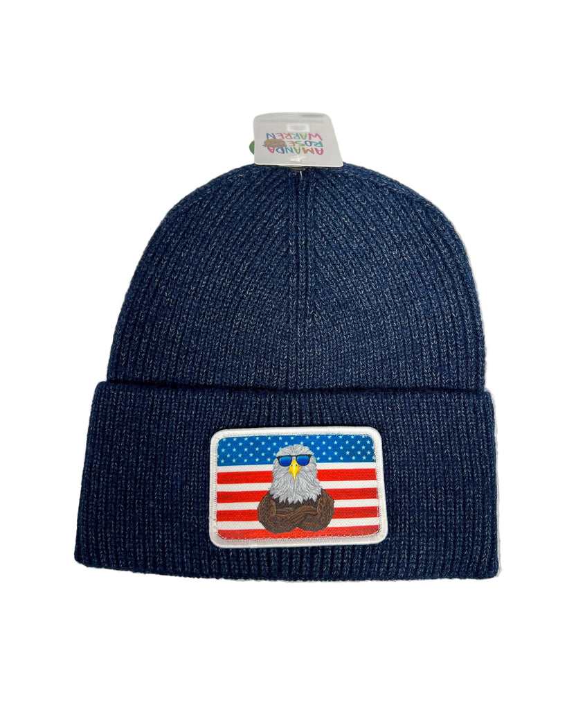American Eagle ribbed navy beanie featuring an Alaska-inspired eagle design, cozy knit hat with bold wildlife artwork