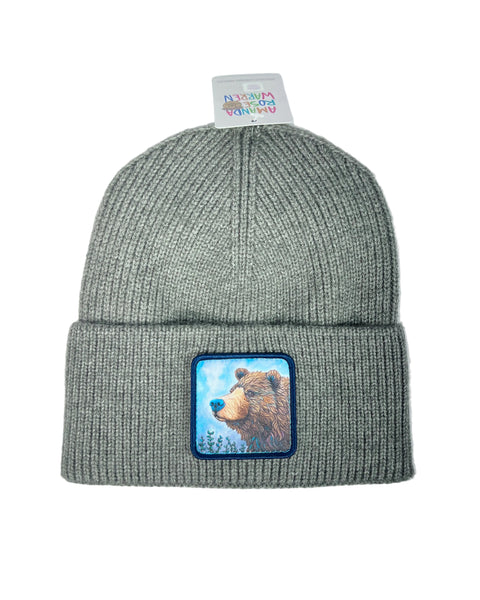 Bear On Guard ribbed gray beanie featuring an alert brown bear, Alaska wildlife design on a cozy knit hat
