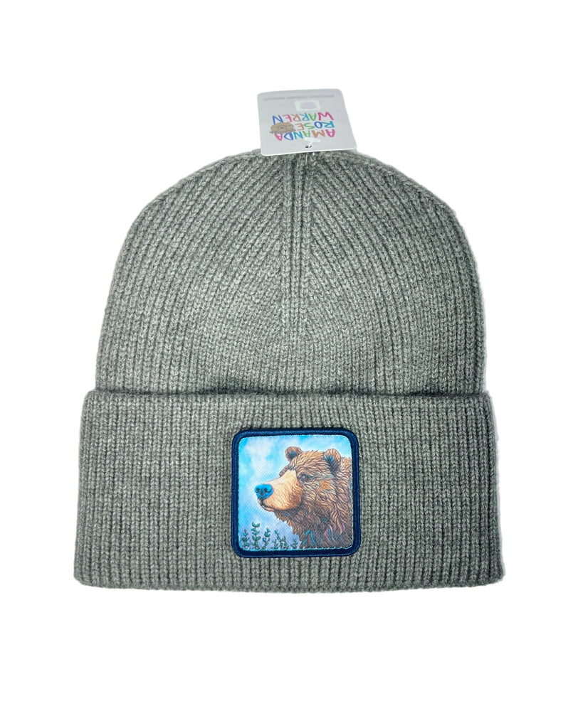 Bear On Guard ribbed gray beanie featuring an alert brown bear, Alaska wildlife design on a cozy knit hat